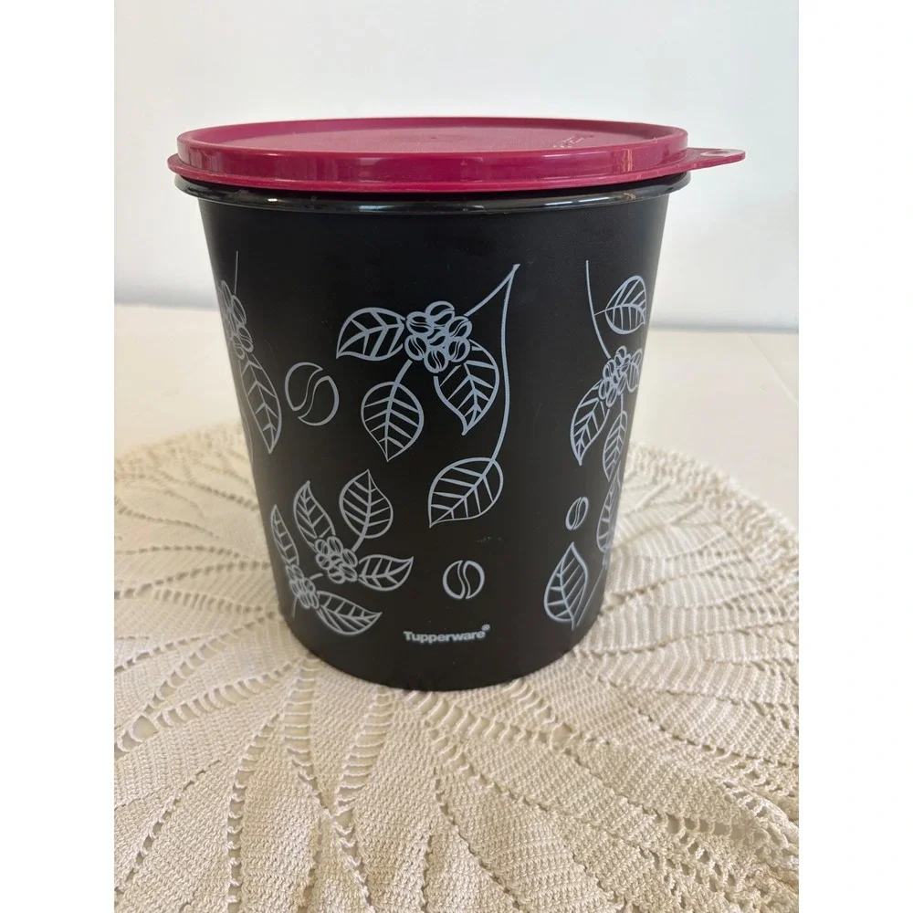 Tupperware MCM Coffee Canister Set Black Magenta Pink Mugs Spoons 5 Piece Set